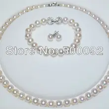 AA++ 8-8,5 мм Жемчуг культивированный комплект Цепочки и ожерелья браслет 925 серьги серебряные шпильки