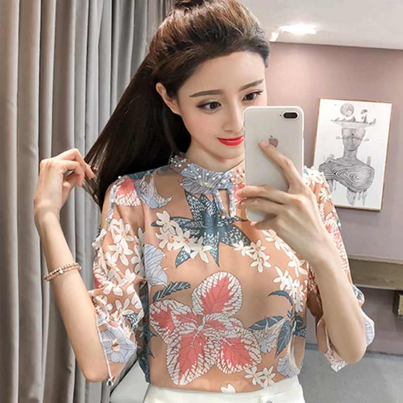 

2019 Spring New Women Blouse Chiffon Long-Sleeve Stand Elegant Blouse Plus Size Tops Black Blouse Office Ladies Tops