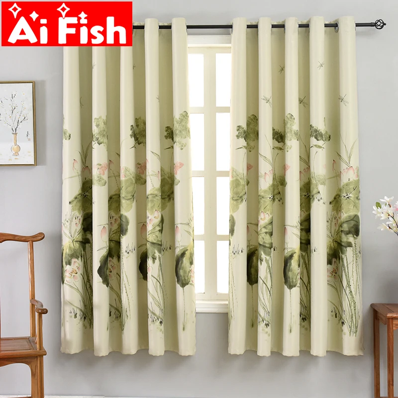 

Pastoral Green Print Lotus Leaf Short Curtains for Kitchen Door Window Blackout Curtains for the Living Room Drapes PC004#4