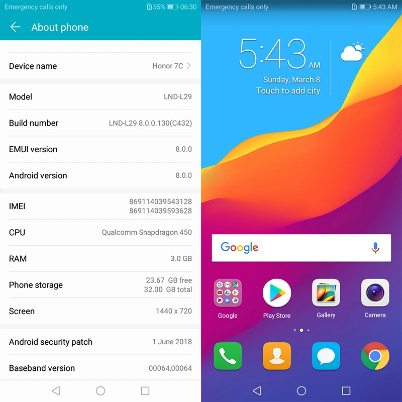 Фонарик Honor 7C 3 ГБ 32 распознавание лица 5 99 дюйма Восьмиядерный процессор Snapdragon 450