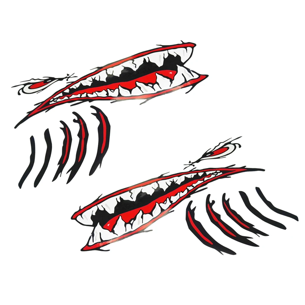 2 Pieces Waterproof Shark Teeth Mouth Eyes Stickers Kayak Boat Car Bumper Window Funny Decals -Self adhesive & Long Lasting