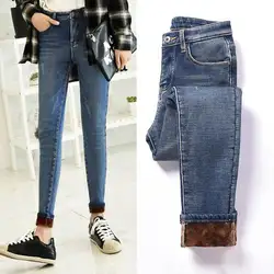 2018 осень и зима плюс размер средняя талия узкие джинсы карандаши лодыжки и полная длина толстые бархатные теплые джинсы женские черные