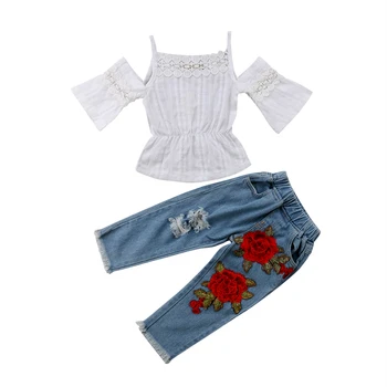 

New Fashion 2Pcs Toddler Kids Baby Girls Clothing Off Shoulder Lace Tops Jeans Denim Pants Outfits Set Clothes