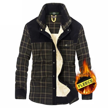 

2018 Europe men winter thicken warm green plaid plus size long sleeve shirt man casual brand 100% cotton afs jeep fleece shirts