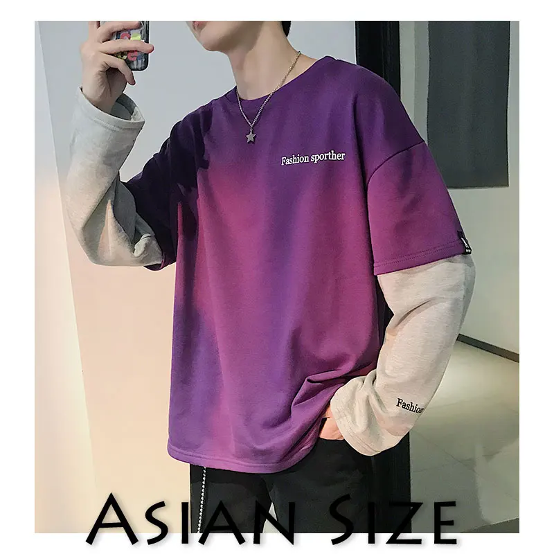Privathinker корейский стиль Мужские толстовки Японский поддельные из двух частей мужские повседневные толстовки хип хоп Мужская Уличная Толстовка - Цвет: Purple(AsianSize)