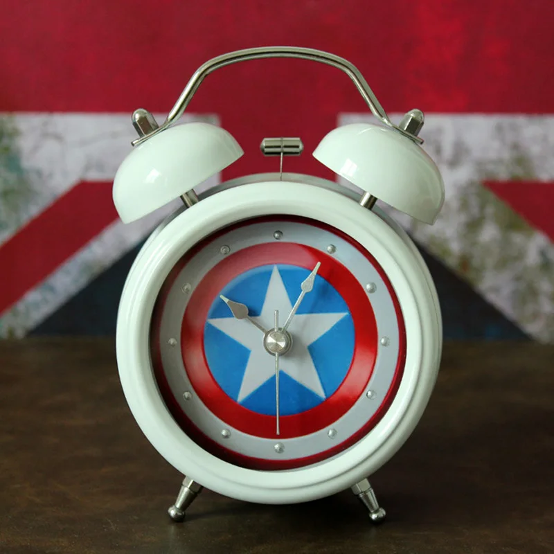 

Captain America Metal Bell Alarm Clock Movie Superhero Creative Stereo Shield Sign Table Clock Night Light