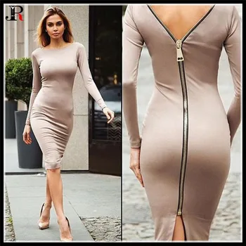

100p!2017 European&USA Popular Slim Zipper Long Dress,High Elasticity O-Neck Mid-Calf Dress,Skin-friendly,Absorbent,Big Yards