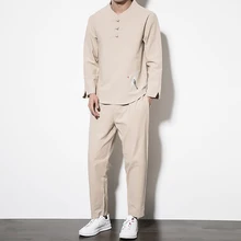 Китайский стиль мужской набор черный, хаки, модная свободная элегантная Хлопковая мужская футболка и брюки, большой размер 5XL