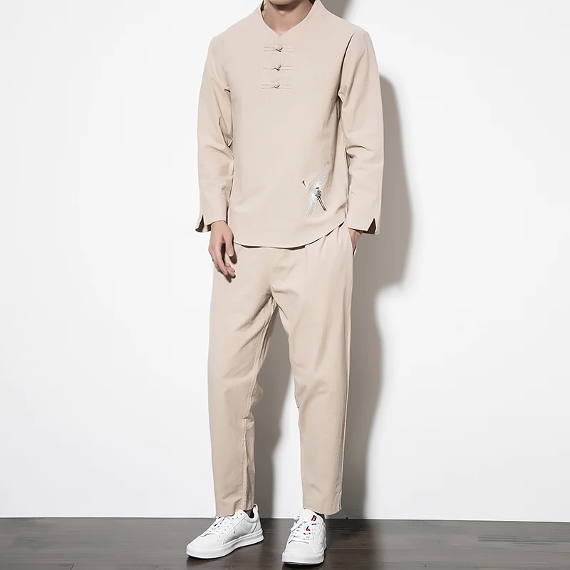  2019 Chinese Style Mens Set Black Khaki Fashion Loose Elegant Cotton men Tee Shirt and Trousers Lar