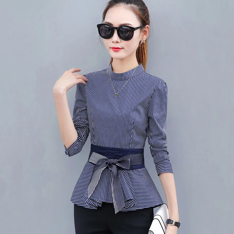 Skup 2018 Najnowszy kobiet Peplum Topy Rayas Niebieskie Paski Bluzki Na Co Dzień Łuk Z Długim Rękawem Koszule Dla Kobiet Moda Jesień Blusas D0593
