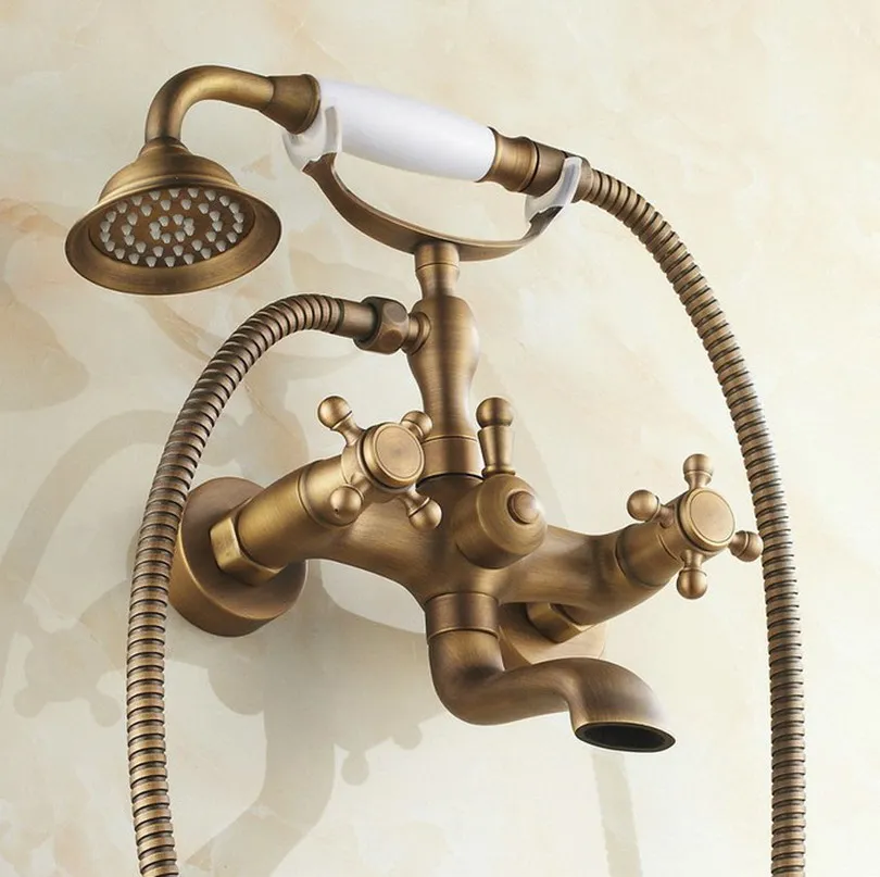 Antique Brass Wall Mount Telephone Euro Bath Tub Faucet Mixer Tap w/ Handheld Spray Shower Ntf150 4