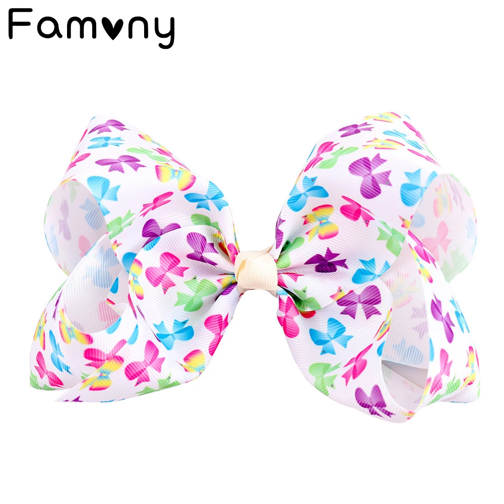 

7 Inch Sweet Kids Polka Dots Printed Grosgrain Ribbon Large Hair Bow Rainbows Hairgrips for Girls Hair Clip Hair Accessories
