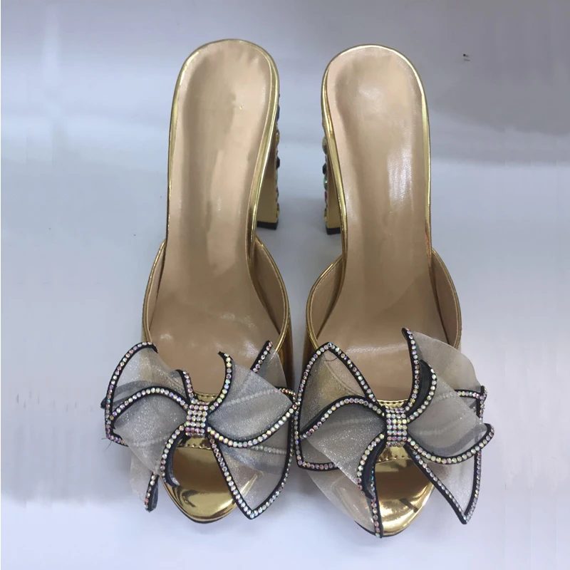 10cm Jeweled Heel Gold Mules Summer Slides Ladies High Heel Dress Shoes Women Open Toe Organza Bowtie Slippers Shoes