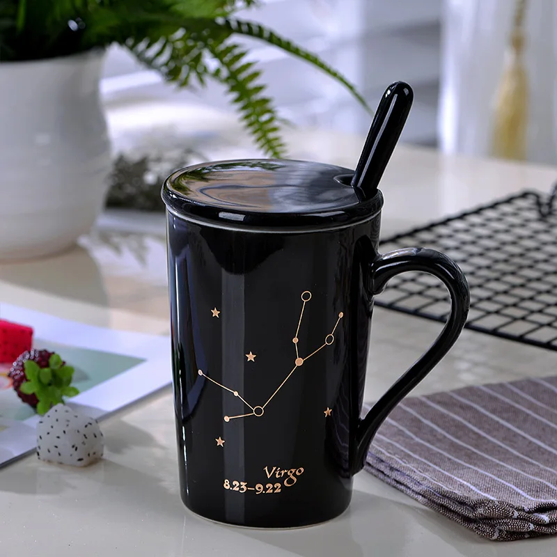 Оригинальная кофейная кружка 12 созвездий, черно-белые фарфоровые кофейные молочные кружки с крышкой, ложкой, керамическая чашка для кухни в скандинавском стиле, 380 мл - Цвет: Virgo