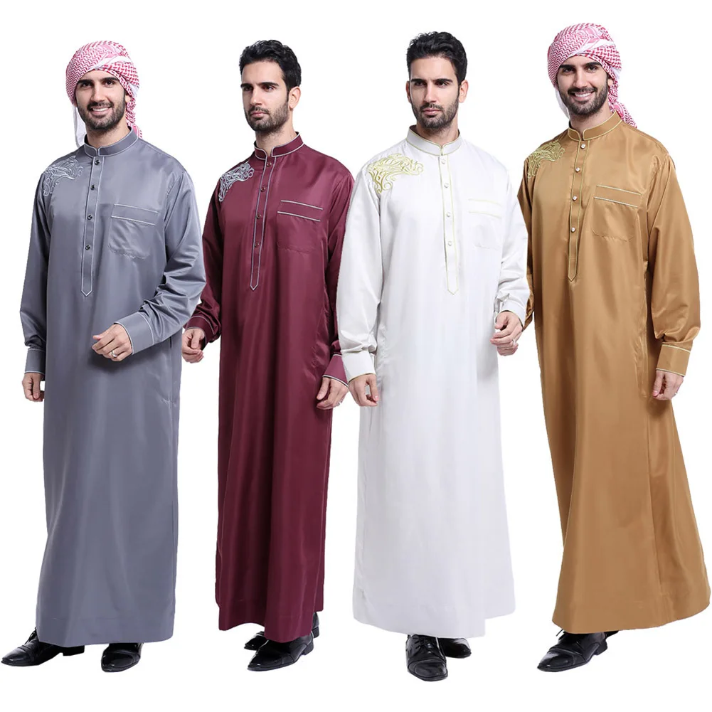 Fashion Muslim Clothing Men Robes Long Sleeve Embroidery Pattern Arab Dubai Indian Middle East Islamic Man Thobe Kaftan