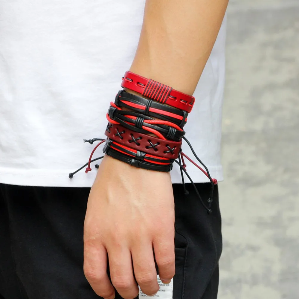 

5pcs/lot Handmade Ethnic Tribal Genuine Wrap Charming Male Pulsera Black Braided Leather Bracelets Bangles