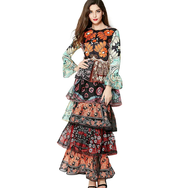 

Luxury Print Flower Boho Maxi Long Dress 2018 High Quality Runway Designer Chiffon Flare Sleeve Ruffled Bohemia Women Dress