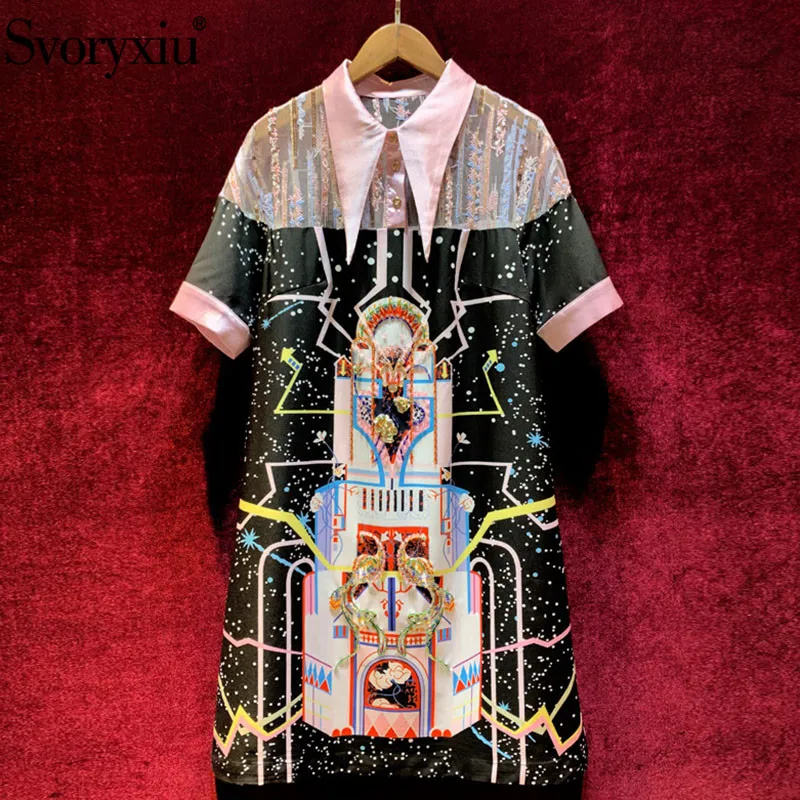 

Svoryxiu Designer Summer Party Vintage Dress Women's Transparent Mesh Embroidery Patchwork Printed Beading Short Sleeve Dresses