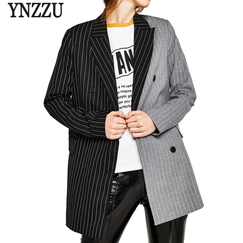 

Fashion 2018 Autumn Women Blazers and Jackets High Street Striped Hit Color Double Breasted Loose Lady Suit Blazer Coat A0534