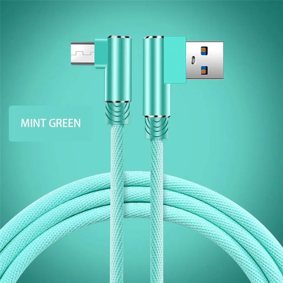 Micro USB кабель для быстрой зарядки 90 градусов локоть нейлоновая оплетка 1 м 2 м 3 м кабель для зарядки и передачи данных для samsung Xiaomi Redmi LG MicroUsb V8 - Цвет: green