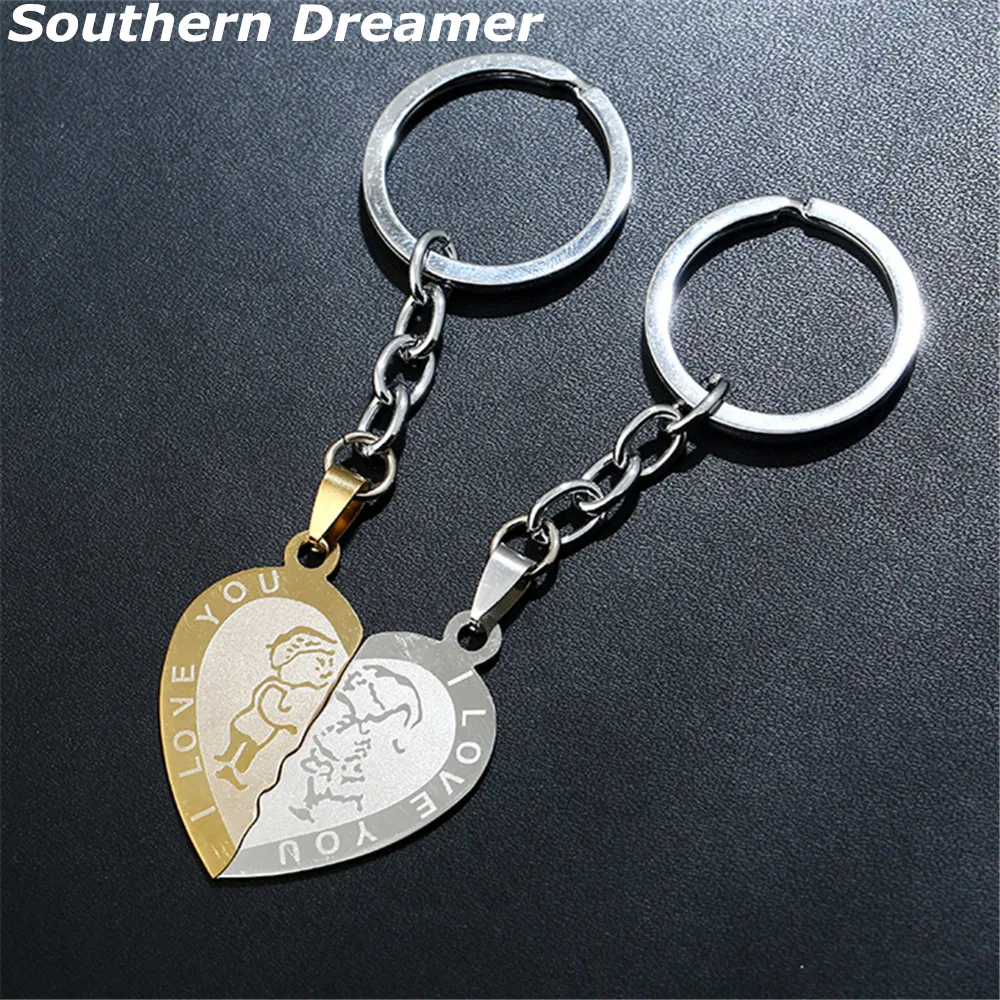 

1 Pair Couple I LOVE YOU Letter Heart-shape Keychains Gold Stainless Steel Half Heart Key Chains For Lovers Porte Clef Souvenirs