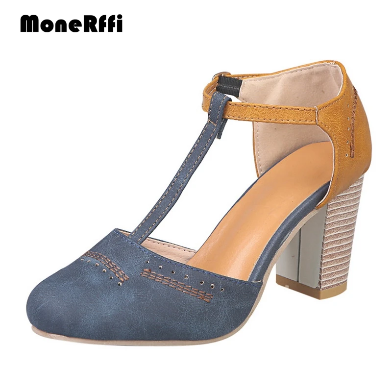 

MoneRffi Women High Heels Gladiator Sandals Pumps Stitching Leather Summer Footwear Zapators Mujer Party Open Peep Toe T-strap