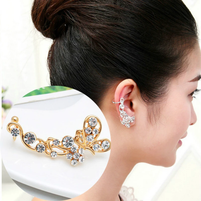 

Fashion Korean Rhinestone Butterfly Flower Gold Color Ear Cuff Earrings For Women Clip On Earrings Charm Jewelry Kolczyki 1PCS