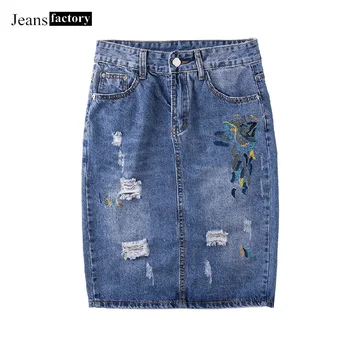

Spring Big Denim Embroidery Hole Ripped Sexy Open Split Package Hip Skirt Female Jean Saia Falda Plus Size 4XL faldas mujer moda