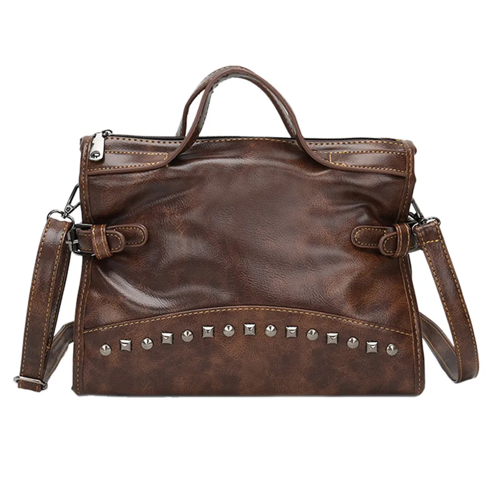 

Women Vintage Hand Bag Leather Pure Color Rivets Cross body Bag leisure Shoulder Bag travel handbag for girls