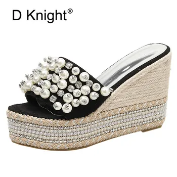 

Rhinestone Super High Heel Ladies 10.5cm Wedges Sandals Women Outdoors Summer Peep Toe Braided Beaded Beach Shoes Women Slippers