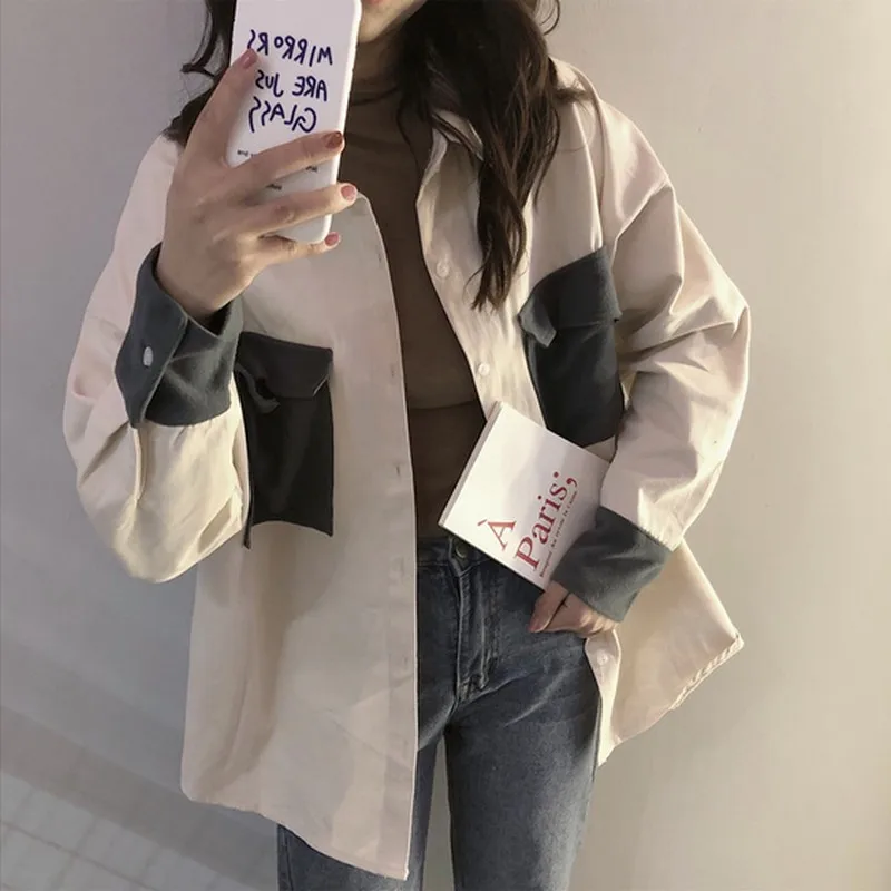 Kopen Vintage Overhemd Jassen Vrouwen Turn down Kraag Vrouwelijke Jassen Hit Kleur Patchwork Shirts Bovenkleding Lange Mouwen Fashion Streetwear
