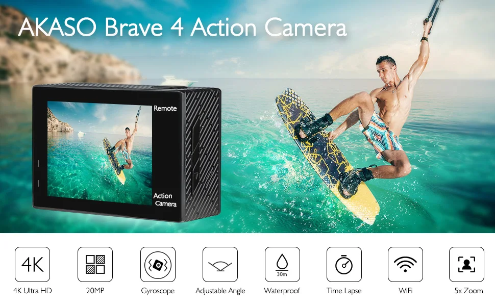 AKASO Brave 4 4K 20MP WiFi Экшн-камера Ultra HD с EIS 30m подводная Водонепроницаемая камера с дистанционным управлением 5X Zoom подводный Ca