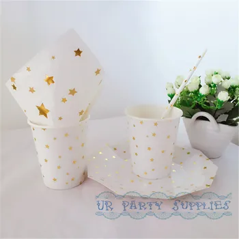 

40 Sets Eco-friendly Wedding Table Setting Star Gold Hexagon Paper Plates Gold Star Foil Napkins Cups Straws for Baby Shower