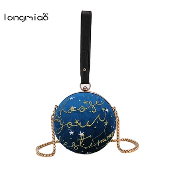 

longmiao Letter Embroidery Stars Corduroy Round Ball Bag Party Purse Chain Female Circular Crossbody Mini Messenger Bag Bolsa