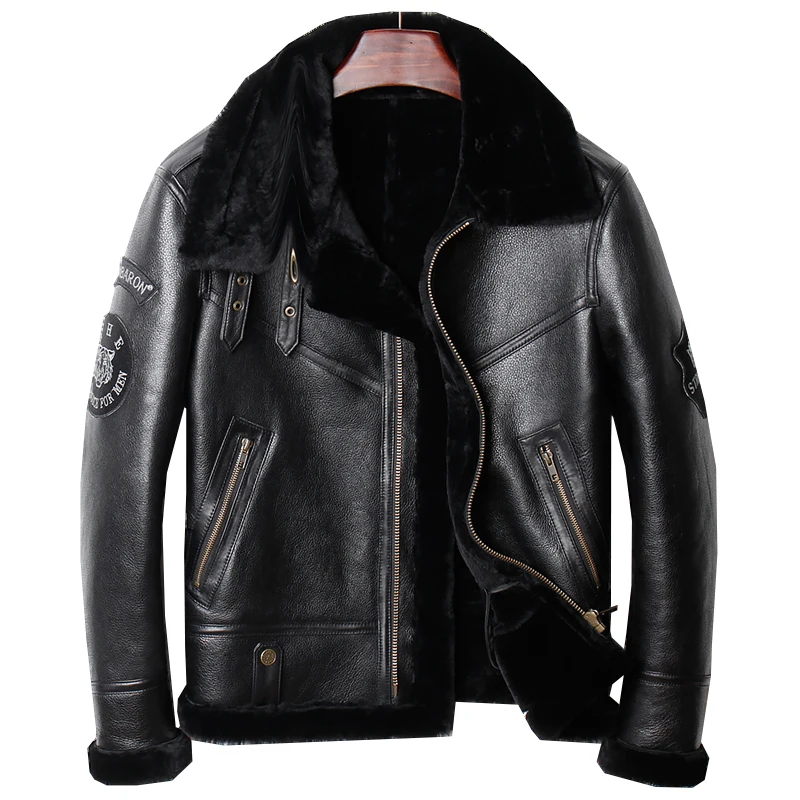 

HARLEY DAMSON Black Men Genuine B3 Bomber Shearling Coat Plus Size 3XL Russian Winter Short Thick Military Pilot Leather Jacket