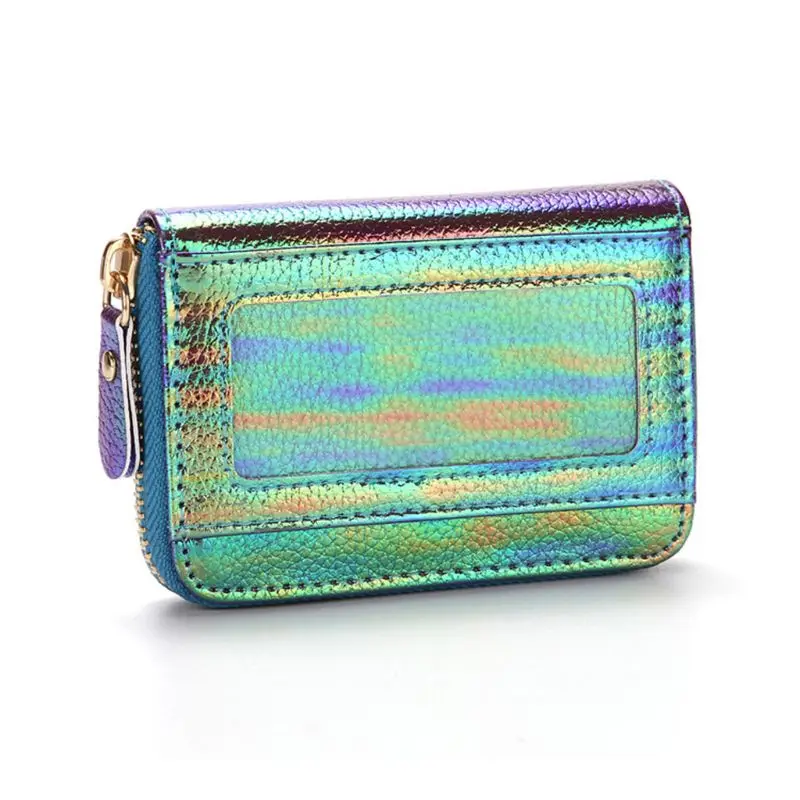 Women Hologram PU Leather Credit Card Holder Purse with RFID Protector Small Zip Around Wallet