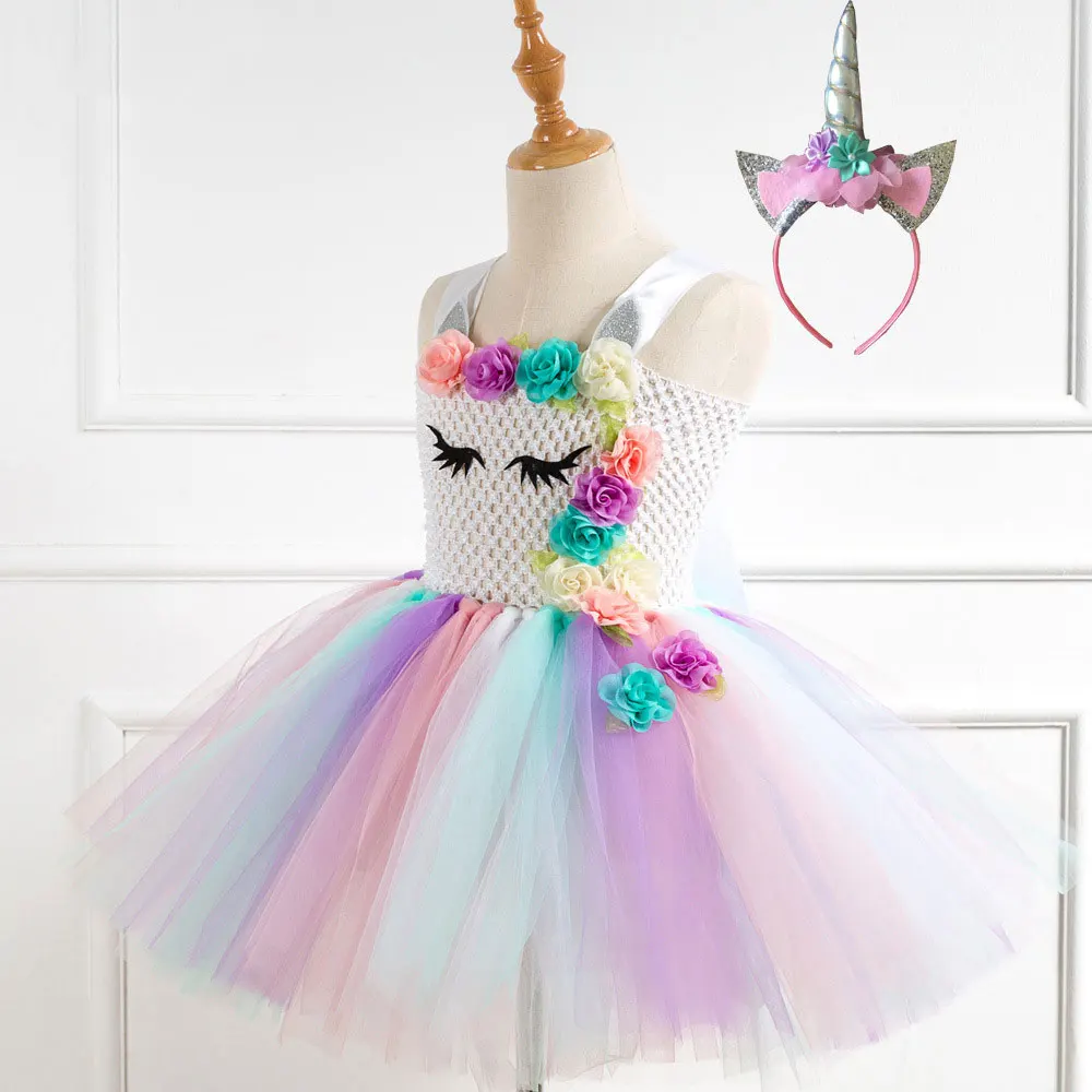 Платье-пачка с изображением единорога и цветов радуги для девочек; платье принцессы на день рождения для девочек; Детский костюм на Хэллоуин с головным убором; От 1 до 12 лет