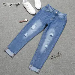 Модные женские джинсовые штаны больших размеров 2018 Весна и лето с высокой талией 5XL синие женские эластичные брюки 015