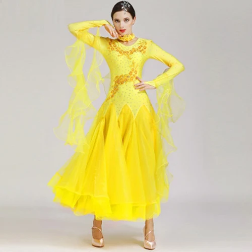 Бальные платья для румбы Дешевые Бальные платья женские костюмы Танго Платья для конкурса бальных танцев Венский вальс платье с блестками - Цвет: yellow