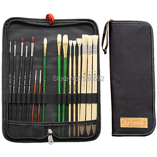 

Transon 16pcs paint brush in one canvas bag, filbert bristle brush, point tip nylon brush, different types in one set