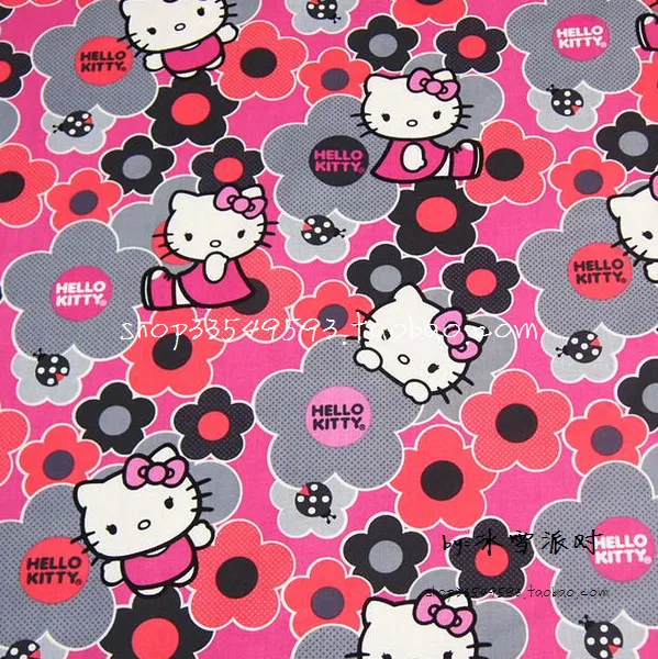 

140X100cm Hello Kitty with Gray Red Black Flowers Hot Pink Cotton Fabric for Baby Girl Clothes Bedding Set Curtain DIY-AFCK614