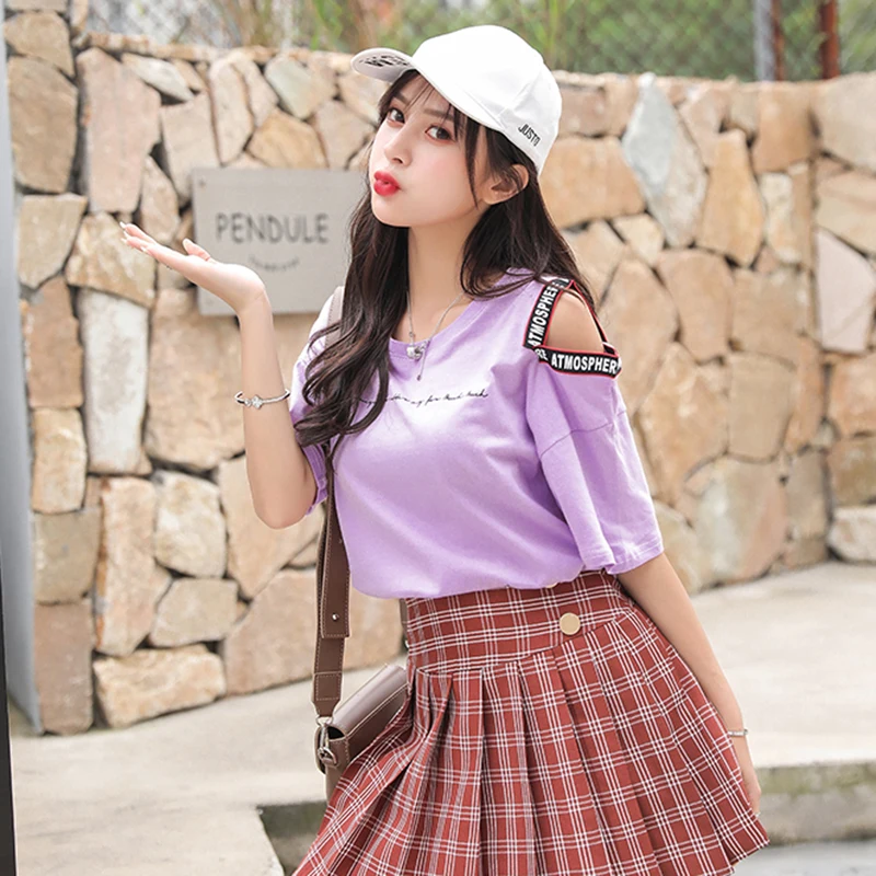 

2019 Summer New Sweet Letter Ribbon Women T Shirt Short Sleeve Off Shoulder Student Tops Preppy Style Fresh Feeling t-shirt