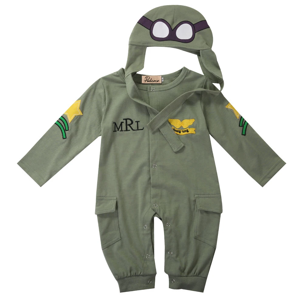 2017 Army Green Pilot Baby Boy Kids Infant Cotton Romper And Hat