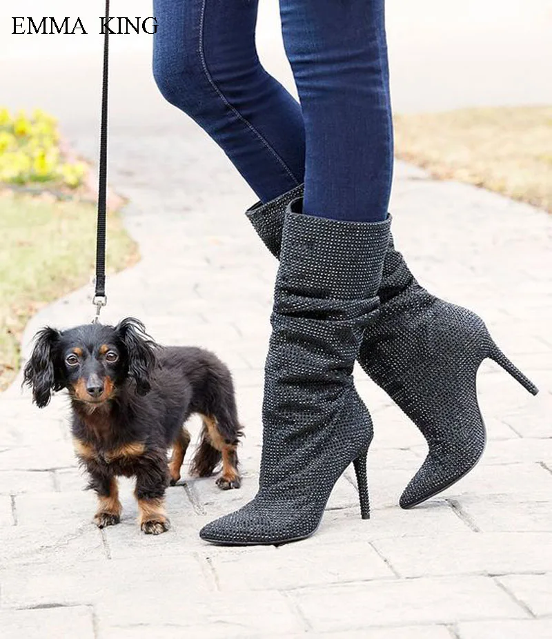 

2018 Spring Autumn Zapatos De Mujer Bling Hot Drilling Mid-calf Boots Women Pointed Toe High Heels Fashion High Top Ladies Shoes
