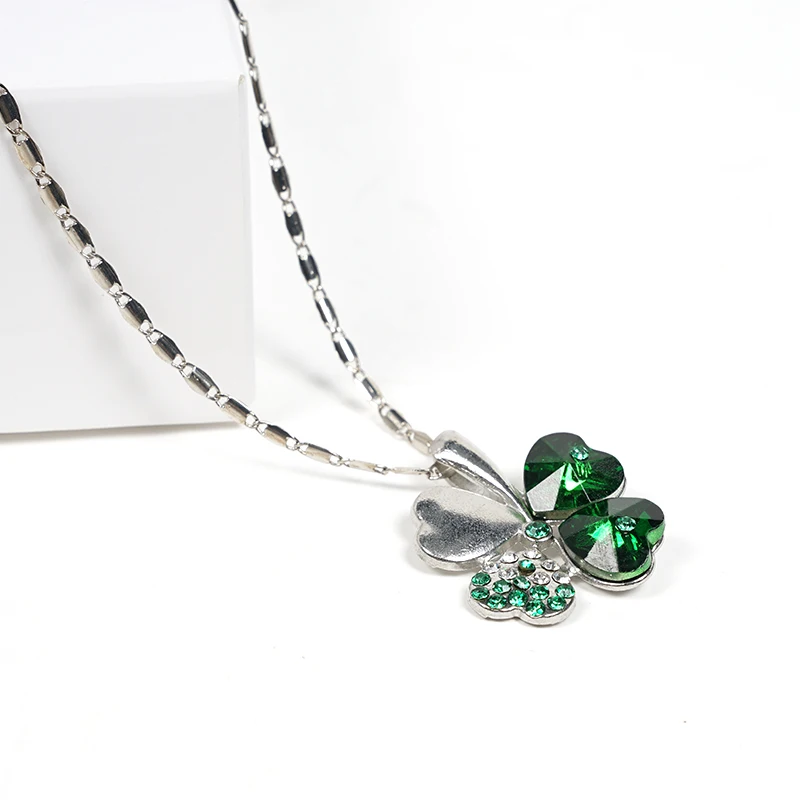 

Lady Lucky Clover Necklaces Elegant Green Crystal Pendant Charm Silver Color Chain Jewelry Gift For Women Girls Chocker Dropship