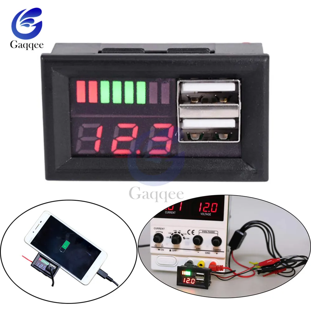 

4S/3S Acid Lead Lithium Battery Voltage Power Voltmeter LCD Mini Voltage Meter For DC 12V Cars Motorcycles Dual USB 5V2A output