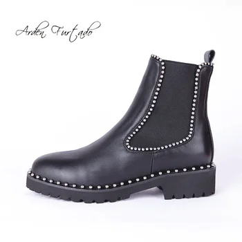 

Arden Furtado fashion women's shoes winter 2019 round toe zipper ankle matin boots slip-on rivets chelsea boots large size41 43