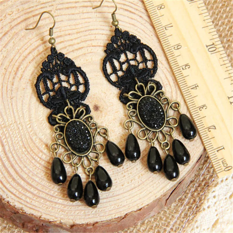Handmade Ladies Drop Earrings Gothic Pendientes Rose Flower Black Lace Long Tassel Earring