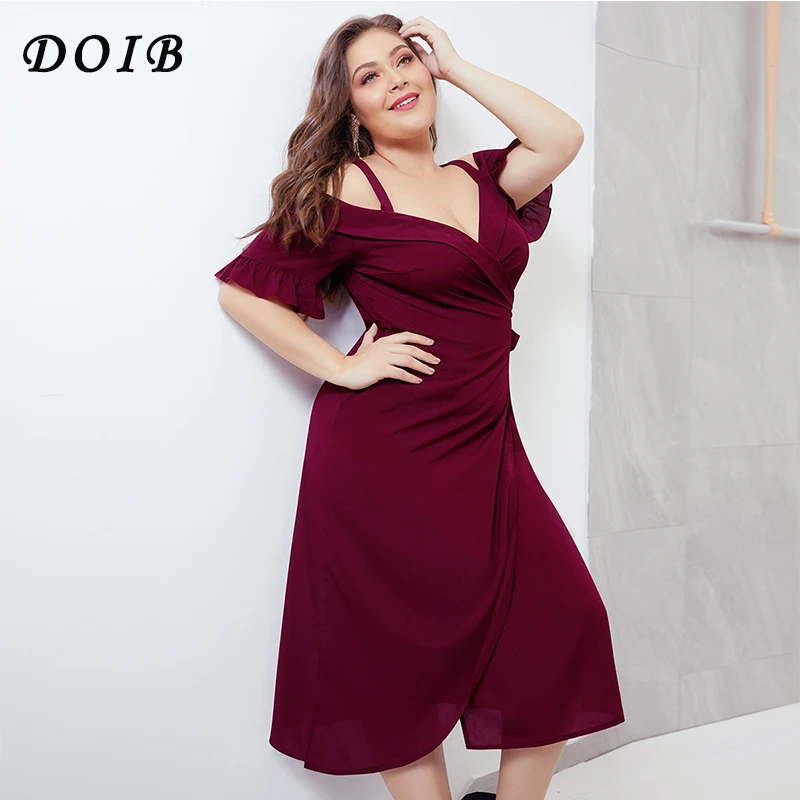 

DOIB Plus Size Dresses Cross Deep V Neck Spaghetti Strap Short Ruffle Sleeve Tie Summer Dress XL 2XL 3XL 4XL