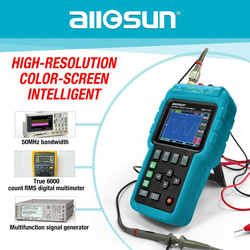 

ALL SUN Handheld Oscillograph 3 in 1 Multifunction Oscilloscope 50MHZ Color Screen Scopemeter Single Channel Hot Sale EM115A